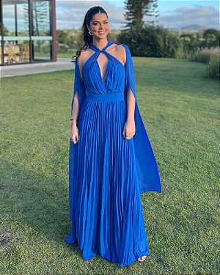 vestido mangas abertas fluído plissado azul