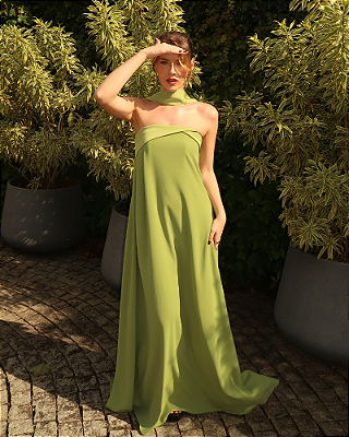 vestido lapela cetim verde