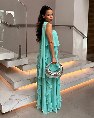 vestido babados saia e echarpe tiffany