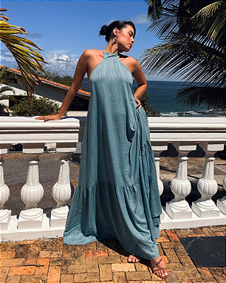 vestido amarração pescoço azul