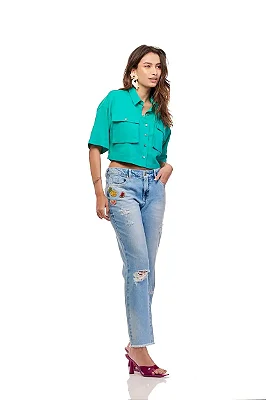 Calça Patogê feminina reta jeans cintura regular baixa