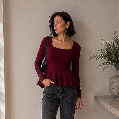 Blusa Peplum Tricot Vinho