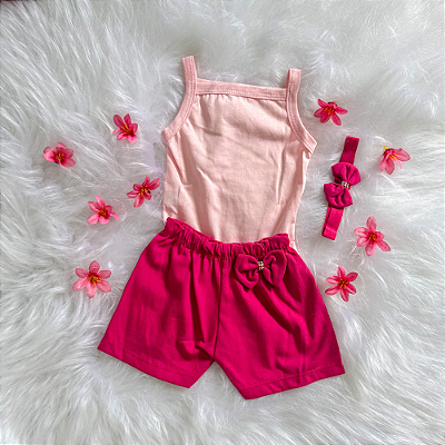 Conjunto Blusa Alcinha Rosa e Shorts Bebê Pink tamanho 9 a 12 meses