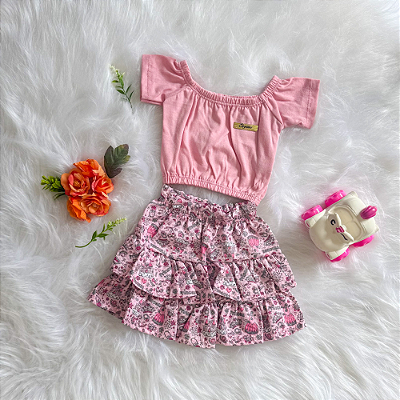 Conjunto Cropped Rosa e Saia Estampada Bebê Rosa tamanho 6 a 9 meses