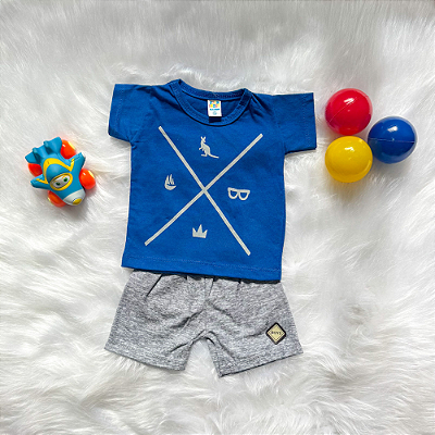 Conjunto Camiseta Manga Curta Canguru Azul e Shorts Cinza Bebê Menino tamanho 6 a 9 meses
