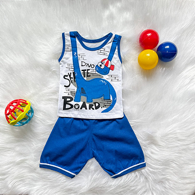 Conjunto Camiseta Regata Dinossauro Branco/Azul e Shorts Azul Bebê Menino tamanho 9 a 12 meses