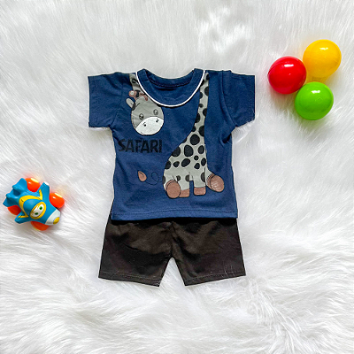 Conjunto Camiseta Manga Curta Safári e Shorts Bebê Menino tamanho 3 a 6 meses