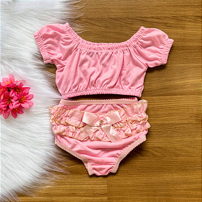 Conjunto Cropped e Calcinha Bebê Rosa tamanho 6 9 meses