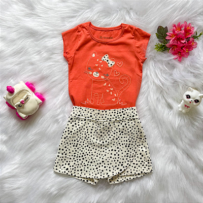 Conjunto Blusa Manga Curta Gatinha e Shorts Saia Bebê Menina tamanho G 9 meses