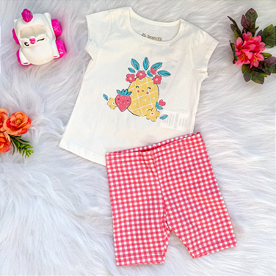 Conjunto Blusa Manga Curta Abacaxi Morango e Bermuda Ciclista Bebê Menina tamanho M 6 meses