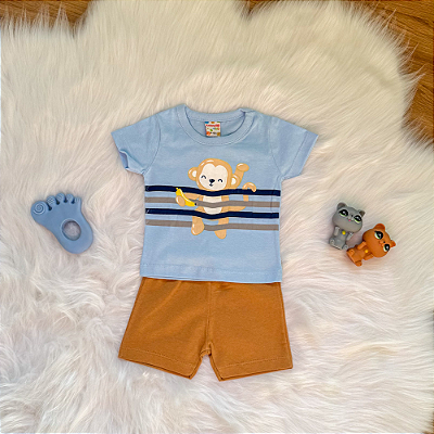 Conjunto Camiseta Manga Curta Macaco e Bermuda Bebê Menino tamanho M 6 meses