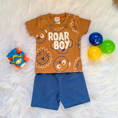 Conjunto Camiseta Manga Curta Roar e Bermuda Bebê Menino tamanho M 6 meses