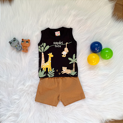 Conjunto Camiseta Regata Safári e Bermuda Bebê Menino tamanho P 3 meses