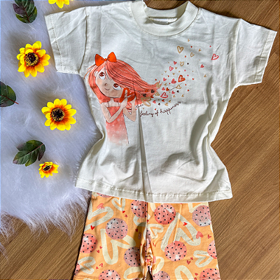 Conjunto Blusa Manga Curta Off White Corações e Bermuda Estampada Laranja Ciclista Menina tamanho 3