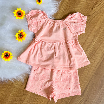 Conjunto Blusa Manga Curta e Shorts Borboletas Rosê Menina Tamanho 2