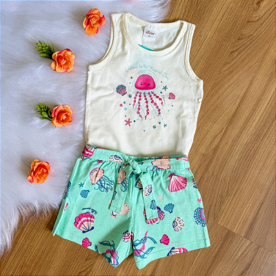 Conjunto Blusa Regata Off White Magical Sea e Shorts Estampado Verde Menina Tamanho 3