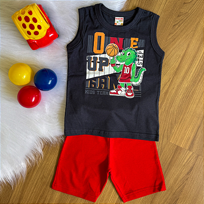 Conjunto Camiseta Regata Kids Team Cinza e Bermuda Vermelha Menino Tamanho 3