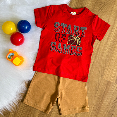 Conjunto Camiseta Manga Curta Vermelha Games e Bermuda Marrom Menino Tamanho 2