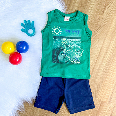 Conjunto Camiseta Regata Big Wave Verde e Bermuda Azul Marinho Menino Tamanho 1