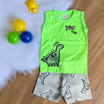 Conjunto Camiseta Regata Dino Roar Verde Lima e Bermuda Cinza Estampada Menino Tamanho 1
