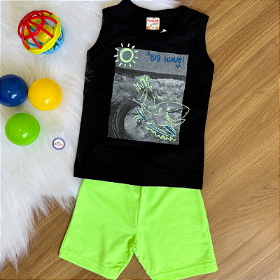 Conjunto Camiseta Regata Big Wave Preta e Bermuda Verde Lima Menino Tamanho 2