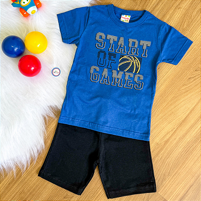 Conjunto Camiseta Manga Curta Azul Games e Bermuda Preta Menino Tamanho 3