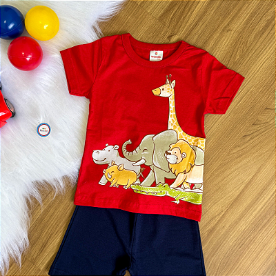Conjunto Camiseta Manga Curta Animais Vermelha e Bermuda Azul Marinho Menino Tamanho 1