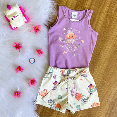 Conjunto Blusa Regata Lilás Magical Sea e Shorts Estampado Branco Menina Tamanho 1