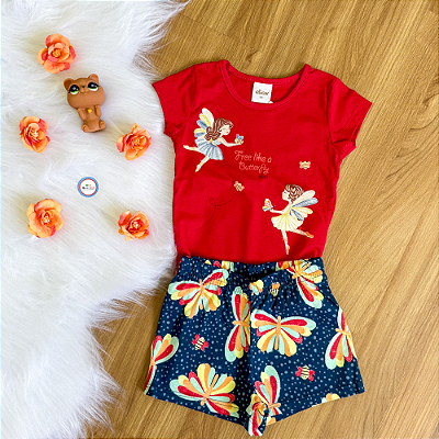 Conjunto Blusa Manga Curta Butterfly Vermelha e Shorts Estampado Azul Marinho Menina Tamanho 2