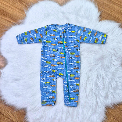 Macacão Soft Longo Com Zíper Veste Fácil Bebê Menino Carrinhos Azul Tam G