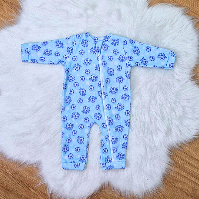 Macacão Soft Longo Com Zíper Veste Fácil Bebê Menino Bolas de Futebol Azul Tam G