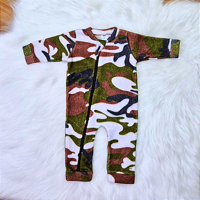 Macacão Soft Longo Com Zíper Veste Fácil Bebê Menino Camuflado Tam P