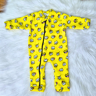 Macacão Soft Longo Com Zíper Veste Fácil Bebê Menina Carinhas Amarelo Tam M