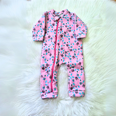 Macacão Soft Longo Com Zíper Veste Fácil Bebê Menina Flores Rosa