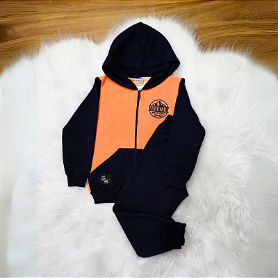 Conjunto Moletom Flanelado Marlan Blusão Com Zíper e Capuz Azul Marinho e Laranja Menino Tam 3