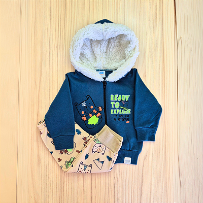 Conjunto Moletom Flanelado Marlan Baby Blusão Zíper e Capuz Verde Petróleo e Bege Menino Tam P