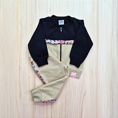 Conjunto Moletom Flanelado Marlan Baby Estampado Preto e Bege Menina Tam M