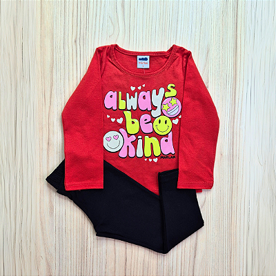 Conjunto Meia Estação Marlan Camiseta Manga Longa Vermelha Calça Legging Preta Menina Tam 1