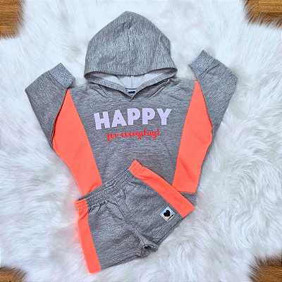 Conjunto Moletom Flanelado Marlan Blusão Com Capuz e Shorts Cinza e Laranja Menina Tam 1