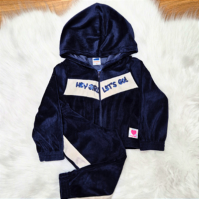 Conjunto Plush Capuz Marlan Bordado com Paetês Azul Marinho Menina Tam 2