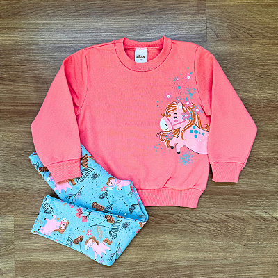 Conjunto Moletom Flanelado Elian Blusão e Legging Salmão com Verde Menina Tam 2