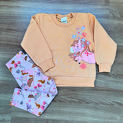 Conjunto Moletom Flanelado Elian Blusão e Legging Caramelo com Rosa Menina Tam 1
