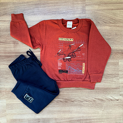 Conjunto Moletom Flanelado Elian Blusão Terracota Calça Azul Marinho Menino Tam 1
