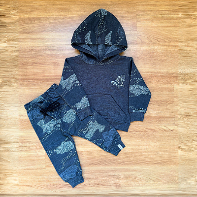 Conjunto Moletom Flanelado Elian Blusão com Touca e Bolso Chumbo Menino Tam 1