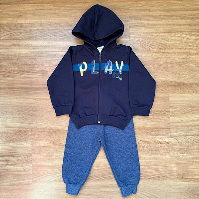 Conjunto Moletom Flanelado Elian Blusão com Touca e Zíper Azul Marinho Menino Tam 1