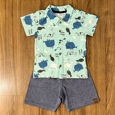 Conjunto Marlan Camisa Polo Estampada Verde Água e Bermuda Cinza Tam 2