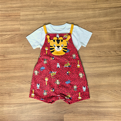 Conjunto Infantil Boca Grande – Camiseta Branca Lisa e Jardineira Estampada Vermelha - Tam 3.