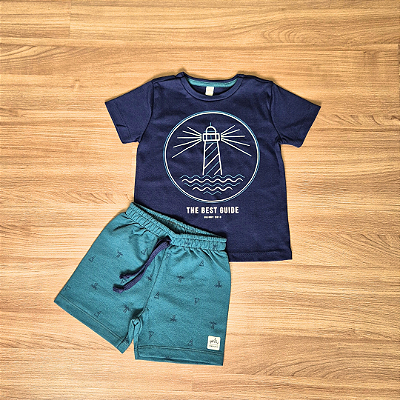 Conjunto Infantil Glinny – Camiseta Azul Marinho Estampada e Bermuda Verde Escuro - Tam 2.