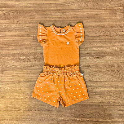 Conjunto Infantil Glinny Laranja – Blusa Lisa e Shorts Estampado - Tam 2.