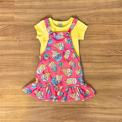Conjunto Infantil Boca Grande – Salopete Estampada Pink e Blusa Amarela - Tam 1.